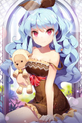 Rule 34 | 1girl, bare shoulders, bell, neck bell, blue hair, bow, collar, collarbone, dress, frilled dress, frills, gilse, hair bow, holding, leg up, linus falco, long hair, lowres, ponytail, red eyes, ribbon, sheep, sitting, smile, solid circle eyes, solo, strap slip, striped, stuffed animal, stuffed sheep, stuffed toy, sword girls, very long hair, wavy hair
