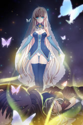 Rule 34 | 1girl, ahoge, black thighhighs, blonde hair, breasts, brown hair, bug, butterfly, cleavage, detached collar, detached sleeves, glowing, green eyes, grey hair, helena k sink, helena k sync, insect, long hair, lowres, lying, on back, outstretched hand, ponytail, scarf, shaded face, short hair, solo, solo focus, songgae, standing, strapless, sword girls, thighhighs, veil, very long hair