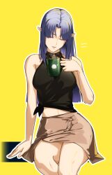 Rule 34 | 1girl, black shirt, blue hair, braid, breasts, brown skirt, closed eyes, cup, drink, fate/grand order, fate (series), holding, holding cup, holding drink, large breasts, long hair, medea (fate), midriff, pencil skirt, pointy ears, shirt, side braid, simple background, sitting, skirt, sleeveless, sleeveless shirt, solo, tamamoice, tied shirt, yellow background