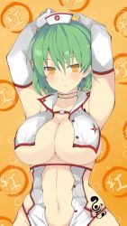 Rule 34 | 1girl, armpits, arms behind head, arms up, breasts, choker, cleavage, closed mouth, collarbone, commentary request, earrings, elbow gloves, gloves, green hair, hat, highres, hikage (senran kagura), jewelry, large breasts, looking at viewer, medium hair, navel, nurse cap, orange background, orange eyes, senran kagura, single earring, solo, tattoo, tenpesuto, upper body, white gloves, white hat