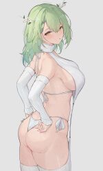 Rule 34 | 1girl, absurdres, antlers, ass, bikini, bikini under clothes, breasts, ceres fauna, chyraliss, commentary, english commentary, green hair, highres, hololive, hololive english, horns, large breasts, long hair, looking at viewer, looking back, meme attire, simple background, solo, swimsuit, virgin destroyer sweater, virtual youtuber, white bikini, yellow eyes