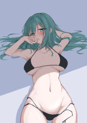 Rule 34 | 1girl, absurdres, aqua eyes, aqua hair, armpits, arms up, bikini, black bikini, blush, breasts, breasts apart, collarbone, commentary, cowboy shot, curvy, eyelashes, foreshortening, gluteal fold, grey background, groin, hair down, hair spread out, halterneck, head tilt, highres, large breasts, long hair, looking at viewer, lying, midriff, mkn yu, navel, on back, parted lips, riddle joker, shikibe mayu, side-tie bikini bottom, simple background, solo, stomach, swimsuit