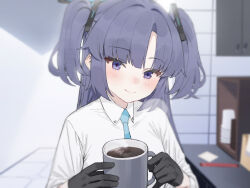 Rule 34 | 1girl, aqua necktie, black gloves, blue archive, blue eyes, blue hair, coffee, coffee mug, collared shirt, cup, gloves, halo, highres, holding, holding cup, indoors, light blush, long hair, looking at viewer, mechanical halo, mochirong, mug, necktie, office lady, shirt, solo, twintails, white shirt, yuuka (blue archive)