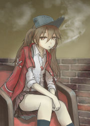 Rule 34 | 1girl, armchair, black socks, brown eyes, brown hair, chair, cigarette, eyebrows, hair between eyes, highres, japanese clothes, jewelry, kantai collection, kariginu, kneehighs, long hair, looking at viewer, magatama, miniskirt, necklace, nito (nshtntr), revision, ryuujou (kancolle), shirt, simple background, sitting, skirt, sleeves rolled up, smoke, smoking, socks, solo, twintails, visor cap