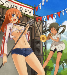 Rule 34 | 2girls, :d, bike shorts, bikini, bikini top only, blue eyes, blush, breasts, charlotte e. yeager, cleavage, cloud, cutoffs, day, denim, denim shorts, closed eyes, francesca lucchini, front-tie top, green hair, hair ribbon, instrument, long hair, medium breasts, microphone, midriff, multiple girls, navel, open clothes, open mouth, orange hair, ribbon, shibasaki shouji, short shorts, shorts, sky, smile, strike witches, swimsuit, trumpet, twintails, underboob, world witches series
