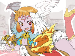 Rule 34 | 1girl, :d, asymmetrical wings, bad id, bad pixiv id, breasts, center opening, cleavage, colored skin, demon girl, demon wings, facial mark, fang, feathered wings, fire, frills, head wings, heterochromia, high heels, holding, large breasts, lock, long hair, long sleeves, lying, matching hair/eyes, miniskirt, on stomach, open mouth, orange eyes, orange hair, padlock, pen, pleated skirt, purple skin, puzzle &amp; dragons, red eyes, skirt, smile, solo, theurgia (p&amp;d), white skirt, wings, writing, yamanashi taiki