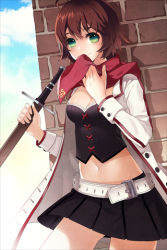 Rule 34 | 1girl, belt, breasts, brown hair, cleavage, coat, female focus, frills, green eyes, lowres, navel, outdoors, pleated skirt, red scarf, scarf, short hair, skirt, sky, small breasts, smile, solo, sword, sword girls, weapon