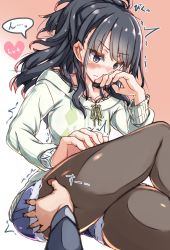 Rule 34 | 1girl, absurdres, alternate costume, black hair, blue eyes, blush, brown pantyhose, closed mouth, commentary request, crossed legs, cutoffs, denim, denim shorts, eyelashes, gradient background, hand on another&#039;s thigh, hand to own mouth, heart, high ponytail, highres, idolmaster, idolmaster shiny colors, kata (kataocean), kazano hiori, knee up, long hair, messy hair, mole, mole under mouth, off-shoulder, off-shoulder sweater, off shoulder, pantyhose, pink background, ponytail, shorts, solo, sweater, thigh grab, thighs, trembling, tsurime, wavy hair