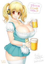 Rule 34 | 1girl, alcohol, apron, beer, beer mug, blonde hair, blush, breasts, cleavage, corset, covered erect nipples, cowboy shot, cross-laced clothes, cup, dated, dirndl, dress, drink, dual wielding, frills, from side, garter straps, german clothes, headphones, heart, holding, huge breasts, jewelry, jpeg artifacts, lace, lace-trimmed panties, lace trim, long hair, looking at viewer, mug, necklace, nitroplus, official art, oktoberfest, open mouth, orange eyes, panties, pleated dress, plump, short dress, short hair, short sleeves, short twintails, signature, simple background, smile, solo, speech bubble, spoken heart, standing, star (symbol), star necklace, super pochaco, sweat, thick thighs, thighhighs, thighs, traditional clothes, tsuji santa, twintails, underbust, underwear, waist apron, waitress, white background, white panties, white thighhighs, wrist cuffs