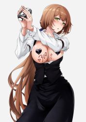 Rule 34 | 1girl, black skirt, black vest, blush, body writing, breasts, covered erect nipples, girls&#039; frontline, green eyes, highres, holding shaker, long hair, looking at viewer, medium breasts, nakiusagi, official alternate costume, open clothes, open mouth, open shirt, open vest, orange hair, parted lips, pasties, shirt, skirt, solo, springfield (girls&#039; frontline), standing, very long hair, vest, white background, white shirt