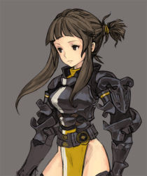 Rule 34 | 1girl, armor, breasts, brown eyes, brown hair, female focus, natsuhara, ponytail, simple background, solo