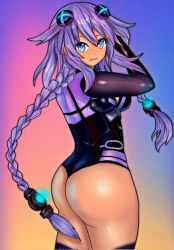 Rule 34 | 1girl, artist request, ass, blue eyes, bodysuit, braid, breasts, cleavage, highres, huge ass, legs, long hair, looking at viewer, medium breasts, neptune (series), purple hair, purple heart (neptunia), smile, solo, thick thighs, thighs, twin braids
