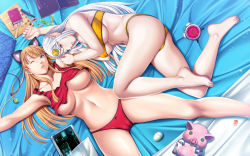 Rule 34 | 2girls, alarm clock, ami maizar, animal ears, areola slip, arm up, armpits, ass, bandeau, barefoot, bed, blonde hair, blue eyes, blue lips, blunt bangs, book, bow, bow panties, box, breasts, breasts apart, cameltoe, candy, cat ears, clenched hand, clock, clothes lift, covered erect nipples, crop top, curvy, dated, dominance, dutch angle, earrings, empress (studio), fake animal ears, feet, fetal position, food, from above, grey nails, hair ornament, highres, indoors, iriza (dominance), jewelry, large breasts, legs, lipstick, long hair, looking at viewer, lying, maizar ami, makeup, mouse (computer), multiple girls, nail polish, navel, nose piercing, nose ring, official art, official wallpaper, on back, on side, one eye closed, open book, outstretched arm, panties, parted bangs, parted lips, pen, piercing, pillow, pointy ears, puffy nipples, purple eyes, red panties, sei shoujo, shirt lift, sidelocks, signature, silver hair, smiley face, sparkle, spread legs, strapless, tablet pc, tank top, thick thighs, thighs, toenail polish, toenails, tube top, underboob, underwear, underwear only, wide hips, wink, yellow panties