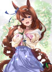 Rule 34 | 1girl, animal ears, blue eyes, blue skirt, blush, braid, braided bangs, breasts, brown hair, cleavage, commentary request, flower, hair between eyes, high-waist skirt, highres, holding, holding flower, horse ears, horse girl, horse tail, large breasts, long hair, looking at viewer, multicolored hair, off-shoulder shirt, off shoulder, open mouth, own hands clasped, own hands together, shirt, single braid, skirt, solo, streaked hair, super creek (umamusume), tail, umamusume, very long hair, yellow shirt, youmou usagi