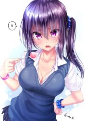 Rule 34 | 1girl, blue background, blue scrunchie, blue skirt, blush, breasts, candy, cleavage, collared shirt, food, gradient background, hair between eyes, hair ornament, hair scrunchie, hand on own hip, holding, holding candy, holding food, holding lollipop, large breasts, lollipop, long hair, looking at viewer, mokufuu, open mouth, original, pleated skirt, purple eyes, purple hair, scrunchie, shirt, short sleeves, side ponytail, skirt, solo, speech bubble, spoken sweatdrop, sweatdrop, sweater vest, twitter username, white background, white shirt, wrist scrunchie, wristband
