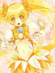 Rule 34 | 10s, 1girl, blonde hair, bow, brooch, choker, cure sunshine, earrings, eyelashes, hair ribbon, heart, heart brooch, heartcatch precure!, jewelry, long hair, looking at viewer, magical girl, midriff, momo502, myoudouin itsuki, navel, open mouth, orange bow, precure, puffy sleeves, ribbon, skirt, solo, twintails, wrist cuffs, yellow bow, yellow eyes