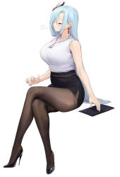 Rule 34 | 1girl, alternate costume, animal print, bare arms, bare shoulders, black footwear, black pantyhose, black skirt, blue hair, blue nails, blush, breasts, chela77, closed eyes, crossed legs, full body, genshin impact, hair ornament, high heels, highres, large breasts, leopard print, long hair, nail polish, office lady, pantyhose, pumps, shenhe (genshin impact), shirt, shirt tucked in, shoes, skirt, sleeveless, solo, stiletto heels, thighs, white background, white shirt