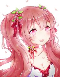 Rule 34 | 1girl, absurdres, bare shoulders, blush, breasts, cherry blossoms, choker, cleavage, hair between eyes, hair ornament, hair ribbon, hatsune miku, highres, long hair, long image, looking at viewer, natalie (xct860610), open mouth, petals, pink eyes, pink hair, revision, ribbon, sakura miku, sidelocks, simple background, smile, symbol-shaped pupils, tall image, twintails, upper body, vocaloid, white background