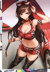 Rule 34 | 1girl, absurdres, armband, armpits, artist name, black thighhighs, boots, breasts, brown eyes, brown hair, car, cleavage, closed mouth, glasses, highres, holding, holding umbrella, large breasts, long hair, looking at viewer, midriff, motor vehicle, navel, oopartz yang, page number, red-framed eyewear, scan, short shorts, shorts, simple background, smile, solo, standing, stomach, thigh boots, thighhighs, toranoana, umbrella, wristband
