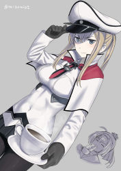 Rule 34 | 10s, 2girls, akizuki (kancolle), black gloves, black legwear, black skirt, blonde hair, blue eyes, breasts, capelet, coffee, coffee cup, cup, disposable cup, gloves, graf zeppelin (kancolle), grey background, hat, hat tip, jacket, kantai collection, large breasts, long hair, long sleeves, military, military uniform, misumi (niku-kyu), multiple girls, pantyhose, peaked cap, pleated skirt, sidelocks, simple background, skirt, smile, twintails, twitter username, uniform, white jacket