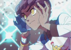 Rule 34 | 1boy, bad id, bad pixiv id, closed mouth, collared shirt, commentary request, creatures (company), dark-skinned male, dark skin, dynamax band, eyelashes, fingernails, game freak, gloves, hands up, highres, hop (pokemon), komame (st beans), male focus, nintendo, pokemon, pokemon swsh, shirt, short hair, single glove, solo, sweat, upper body, yellow eyes