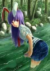 Rule 34 | 1girl, animal ears, highres, long hair, looking at viewer, looking back, necktie, omaehadareda-uso, open mouth, purple hair, rabbit ears, red eyes, red necktie, reisen udongein inaba, river, skirt, solo, touhou, wet, wet clothes, wringing clothes, wringing skirt