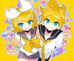 Rule 34 | 1boy, 1girl, arms behind back, bare shoulders, black sailor collar, black shorts, blonde hair, blue eyes, bow, grey sailor collar, grey shorts, hair between eyes, hair bow, hair ornament, hairclip, highres, kagamine len, kagamine rin, looking at viewer, neckerchief, necktie, outline, patterned background, pov, sailor collar, shirt, short hair, short ponytail, short sleeves, shorts, siblings, sleeveless, sleeveless shirt, smile, sparkle, swept bangs, takamiya yuu, teeth, twins, vocaloid, white bow, white outline, white shirt, yellow background, yellow neckerchief, yellow necktie