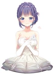 Rule 34 | 1girl, arami o 8, bare shoulders, black hair, blush, braid, breasts, cleavage, closed mouth, collarbone, crown braid, crying, crying with eyes open, dress, elbow gloves, flower, gloves, hair intakes, hands up, highres, large breasts, makinohara shouko, own hands together, purple eyes, rose, seishun buta yarou, sidelocks, signature, simple background, smile, solo, strapless, strapless dress, tears, wedding dress, white background, white flower, white gloves, white rose