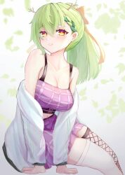 Rule 34 | 1girl, absurdres, antlers, braid, breasts, ceres fauna, cleavage, commentary, english commentary, fishnet thighhighs, fishnets, green hair, highres, hololive, hololive english, hood, hoodie, horns, large breasts, long hair, looking at viewer, navel, off shoulder, pink shirt, pink skirt, ponytail, psypolo d, shirt, single braid, skirt, smile, thighhighs, virtual youtuber, white hoodie, white thighhighs, yellow eyes