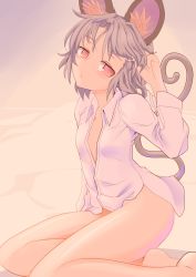 Rule 34 | 1girl, animal ears, bare legs, barefoot, blush, bottomless, breasts, cleavage, dress shirt, gradient background, grey hair, highres, ishikkoro, long sleeves, looking at viewer, mouse ears, mouse tail, naked shirt, nazrin, red eyes, shirt, short hair, sitting, small breasts, solo, tail, touhou