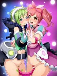Rule 34 | 10s, 2girls, :d, aqua gloves, bad id, bad pixiv id, blue eyes, blush, bottomless, breasts, brown eyes, censored, cheek-to-cheek, cleavage, dildo, double dildo, female pubic hair, gloves, green hair, headphones, heads together, heart, heart censor, highres, hug, huge breasts, looking at viewer, macross, macross delta, maeda r44, makina nakajima, multiple girls, navel, open mouth, pink hair, pubic hair, puffy short sleeves, puffy sleeves, pussy juice, reina prowler, sex toy, shared object insertion, short hair, short sleeves, smile, striped, striped sleeves, teeth, v, vaginal, yuri