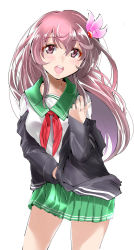 Rule 34 | 1girl, black jacket, blush, breasts, commentary request, green sailor collar, green skirt, hair ornament, highres, jacket, kantai collection, kisaragi (kancolle), kisaragi kai ni (kancolle), long hair, long sleeves, looking at viewer, medium breasts, off shoulder, open clothes, open jacket, open mouth, pleated skirt, purple eyes, purple hair, sailor collar, school uniform, serafuku, simple background, skirt, solo, teeth, tororo ten, upper teeth only, white background