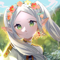 Rule 34 | 1girl, artist name, blue sky, capelet, closed mouth, commentary, day, earrings, elf, expressionless, floating hair, frieren, gold trim, grass, green eyes, hashtag-only commentary, head wreath, high collar, jewelry, klaeia, long hair, looking at viewer, outdoors, parted bangs, pointy ears, portrait, sidelocks, sky, solo, sousou no frieren, twintails, watermark, white capelet, white hair