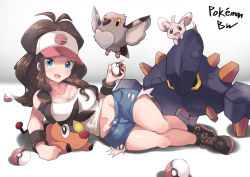Rule 34 | 1girl, absurdres, ahoge, bare legs, baseball cap, black footwear, blue eyes, blue shorts, blush, boldore, breasts, brown hair, cleavage, collarbone, commentary, creatures (company), cross-laced footwear, curvy, denim, denim shorts, full body, game freak, gen 5 pokemon, glint, grey background, groin, hat, highres, hilda (pokemon), holding, holding poke ball, iparupua, long hair, looking at viewer, lying, medium breasts, midriff, minccino, nintendo, on side, open mouth, pidove, pink headwear, poke ball, poke ball (basic), poke ball print, pokemon, pokemon (creature), pokemon bw, ponytail, shirt, shoes, short shorts, shorts, sidelocks, simple background, sleeveless, sleeveless shirt, smile, sneakers, solo focus, sweatband, tepig, torn clothes, torn shorts, two-tone headwear, wavy hair, white background, white headwear, white shirt, wristband