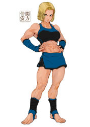 Rule 34 | 1girl, abs, android 18, bike shorts, blonde hair, blue eyes, commentary, commission, dragon ball, dragonball z, english commentary, forehead, full body, hand wraps, hands on own hips, midriff, mixed martial arts, muscular, muscular female, nakama yasukata, short hair, shorts, shorts under skirt, signature, solo, sports bra, stamp, stirrup footwear, toes
