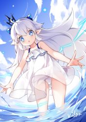 Rule 34 | 1girl, :o, ahoge, bare arms, bare shoulders, blue sky, blush, cloud, cloudy sky, commentary request, crown, day, dress, elsword, hair between eyes, horns, long hair, luciela r. sourcream, mini crown, outdoors, outstretched arms, panties, parted lips, see-through, short eyebrows, signature, sky, sleeveless, sleeveless dress, solo, standing, thick eyebrows, tilted headwear, underwear, very long hair, vilor, wading, water, white dress, white hair, white panties