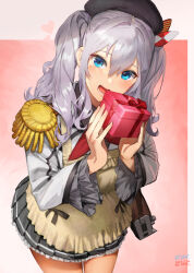 Rule 34 | 1girl, 9-ga, apron, artist name, beret, black hat, blue eyes, box, cowboy shot, dated, epaulettes, gift, gift box, grey hair, grey skirt, hair between eyes, hat, heart, highres, holding, holding gift, jacket, kantai collection, kashima (kancolle), long sleeves, looking at viewer, medium hair, open mouth, pleated skirt, revision, signature, skirt, smile, solo, twintails, valentine, white jacket, yellow apron