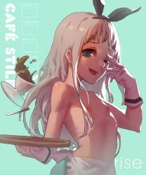 Rule 34 | 10s, 1boy, absurdres, apron, blend s, coffee, cup, gloves, green background, green eyes, highres, holding, kanzaki hideri, long hair, male focus, one eye closed, open mouth, topless male, solo, spoon, standing, trap, v, white hair, zanyak