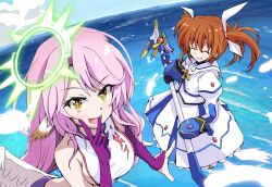 Rule 34 | 2girls, breasts, crossover, feathers, fingers to mouth, halo, highres, holding, holding staff, jibril (no game no life), long hair, lyrical nanoha, mahou shoujo lyrical nanoha, mahou shoujo lyrical nanoha the movie 1st, medium breasts, multiple girls, no game no life, ocean, pink hair, popo rinngo, raising heart, raising heart (cannon mode), sideboob, skirt, spiked halo, staff, sweatdrop, takamachi nanoha, takamachi nanoha (movie 1st mode), tamura yukari, voice actor connection, weapon, white skirt, wing ears, wings, yellow eyes