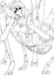 Rule 34 | 1girl, arthropod girl, arthropod limbs, black sclera, breasts, colored sclera, completely nude, extra eyes, fewer digits, greyscale, head tilt, highres, looking at viewer, medium breasts, monochrome, monster girl, nakamura regura, nipples, nude, original, simple background, slit pupils, smile, solo, white background