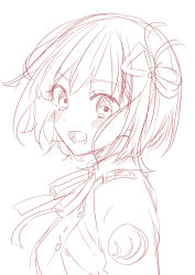 Rule 34 | 1girl, :d, blush, collared dress, dress, from side, hair ribbon, looking at viewer, looking to the side, lycoris recoil, monochrome, neck ribbon, nishikigi chisato, one side up, open mouth, ribbon, simple background, sketch, smile, solo, tottoto tomekichi, upper body, white background