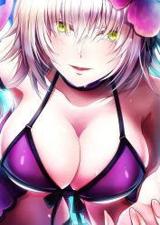 Rule 34 | 1girl, alternate costume, bikini, black ribbon, breasts, cleavage, cloud, cloudy sky, collarbone, commentary request, cowboy shot, criss-cross halter, fate/grand order, fate (series), fingernails, flower, front-tie top, green eyes, hair between eyes, hair flower, hair ornament, hair ribbon, halterneck, head tilt, jeanne d&#039;arc (fate), jeanne d&#039;arc alter (avenger) (fate), jeanne d&#039;arc alter (fate), large breasts, leaning forward, looking at viewer, outdoors, parted lips, purple bikini, reaching, ribbon, sayvi, short hair, silver hair, sky, smile, solo, swimsuit, wet, yellow eyes
