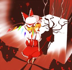 Rule 34 | 1girl, any (artist), any (lucky denver mint), back, bad id, bad pixiv id, barefoot, blonde hair, blood, creepy, female focus, flandre scarlet, hat, horror (theme), laevatein, no eyes, red eyes, red theme, shadow, short hair, solo, touhou, wings