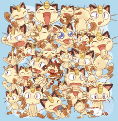 Rule 34 | ?, alternate costume, anger vein, bad id, bad pixiv id, bag, bandana, blue eyes, blush, cat day, character sheet, closed eyes, clothed pokemon, coin, cosplay, creatures (company), disappointed, expressions, fangs, game freak, gen 1 pokemon, guitar, holding, instrument, laughing, may (pokemon), may (pokemon) (cosplay), meowth, multiple persona, nintendo, no humans, odd one out, one eye closed, open mouth, poke ball, pokemon, pokemon (anime), pokemon (creature), sack, smile, surprised, sweatdrop, tail, tears, too many, usao (313131), wink, wool