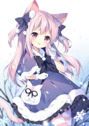 Rule 34 | 1girl, animal ear fluff, animal ears, azur lane, bag, bow, capelet, cat ears, cat tail, child, commentary request, dress, fur trim, gloves, hair bow, hand to own mouth, kisaragi (azur lane), long hair, open mouth, outdoors, pantyhose, pink eyes, pink hair, purple capelet, purple dress, ribbon, smile, snow, snowflakes, solo, striped clothes, striped pantyhose, tail, tree, tsukimi (xiaohuasan), two side up, white gloves