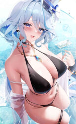 Rule 34 | 1girl, absurdres, alternate breast size, alternate costume, bare shoulders, bikini, black bikini, blue eyes, blue hair, blush, breasts, choker, cleavage, collarbone, fantongjun, furina (genshin impact), genshin impact, hat, highres, jewelry, large breasts, light blue hair, long hair, long sleeves, looking at viewer, navel, necklace, open mouth, smile, solo, swimsuit, thigh strap, thighs, top hat, water
