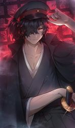 Rule 34 | 1boy, black hair, black hakama, black kimono, closed mouth, commentary request, facial hair, fate/grand order, fate/type redline, fate (series), hair over one eye, hakama, hat, highres, honi (ohohoni), jacket, jacket on shoulders, japanese clothes, katana, kimono, koha-ace, light particles, long hair, long sleeves, looking at viewer, male focus, no scarf, okada izou (fate), police hat, ponytail, red eyes, smile, solo, star (symbol), sword, upper body, weapon