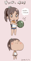 Rule 34 | 10s, 1girl, 2koma, brown hair, chibi, comic, dated, eating, food, fruit, i-401 (kancolle), kantai collection, one-piece swimsuit, ponytail, school swimsuit, shiden (sashimi no wife), short hair, solo, swimsuit, swimsuit under clothes, translated, watermelon