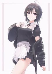 Rule 34 | a1001047591, absurdres, alternate costume, antenna hair, apron, belted skirt, black dress, black hair, black jacket, black ribbon, breasts, cleavage cutout, clothing cutout, dot nose, dress, enmaided, eyebrows, eyelashes, frilled apron, frilled dress, frills, hand on own chest, hand up, highres, idolmaster, idolmaster (classic), jacket, kikuchi makoto, long sleeves, looking at viewer, maid, miniskirt, neck ribbon, over shoulder, puffy short sleeves, puffy sleeves, purple eyes, ribbon, short hair, short sleeves, skirt, small breasts, smile, thighs, track jacket, waist apron, white apron, white background, wing collar, zipper