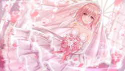 Rule 34 | 1girl, bare shoulders, blush, bouquet, braid, breasts, bridal veil, bride, church interior, cleavage, closed mouth, collarbone, crown braid, date a live, dress, dutch angle, elbow gloves, flower, gloves, hair flower, hair ornament, hand in own hair, hand up, highres, holding, holding bouquet, indoors, jewelry, key, lace, lace-trimmed dress, lace trim, layered dress, looking at viewer, medium breasts, necklace, petals, pink flower, pink hair, pink rose, red eyes, rose, rose petals, sannio, short hair, smile, solo, sonogami rinne, standing, strapless, strapless dress, tiara, veil, wedding dress, white dress, white gloves